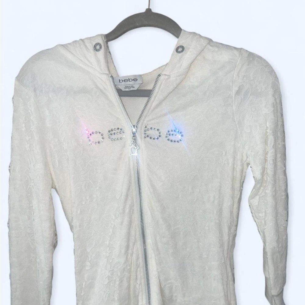 Vintage Bebe Cream Lace Zip up Hoodie with Rhinestone Detail
